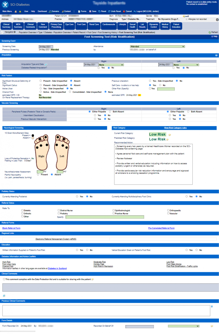 Recording of foot screening information (2/17) Diabetes Foot Screening